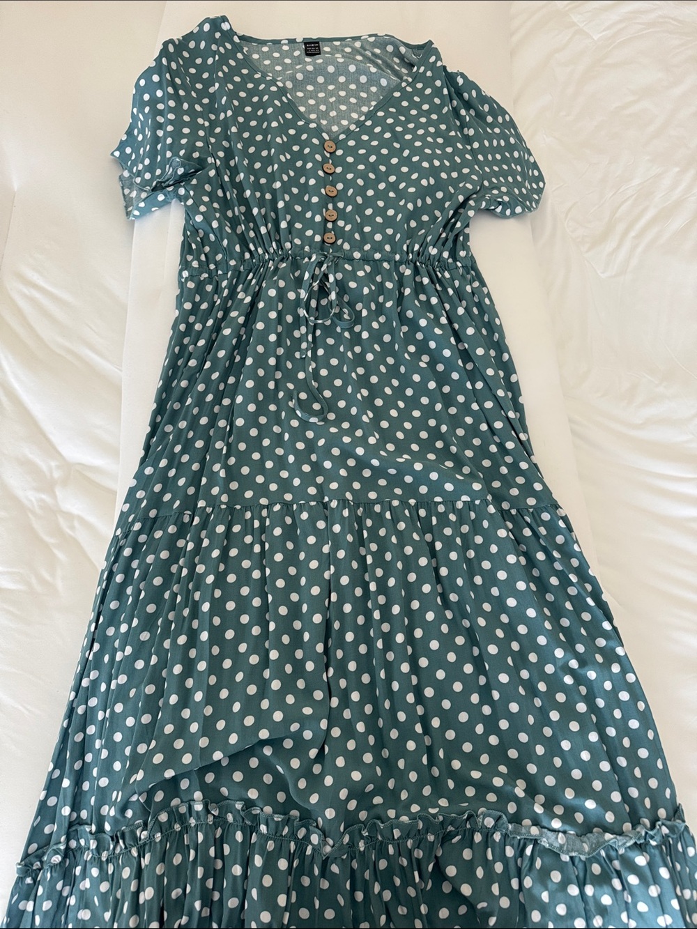 Polka Dot Tiered Midi Dress - Teal White